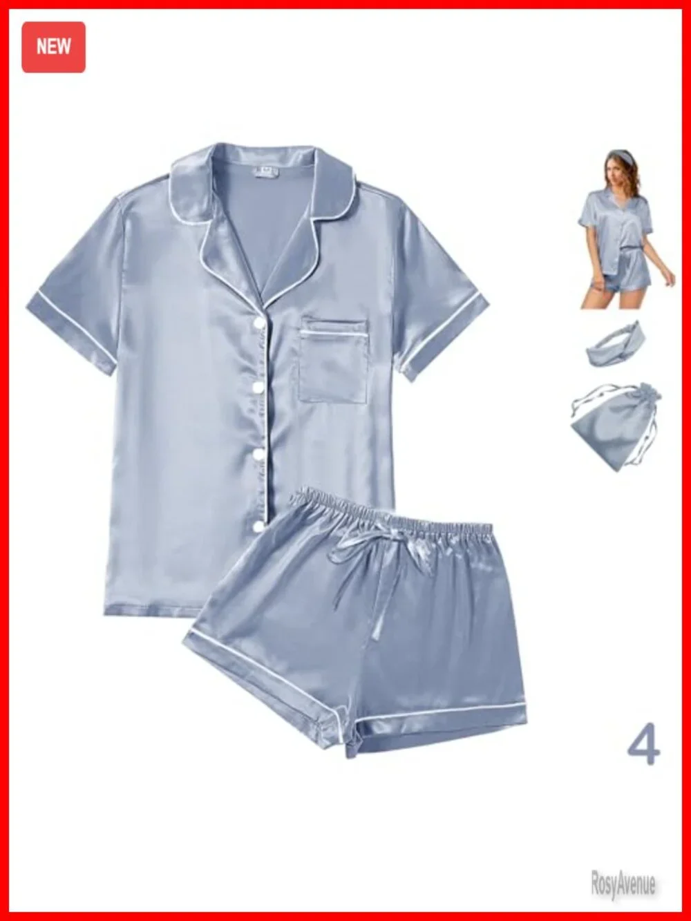 Women's Satin Pajama Set Short Sleeve Button Front Shirt & Shorts with Headband